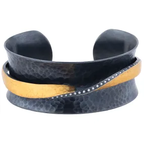 Lika Behar Twist Open Cuff Bracelet Oxidized Silver & 24K Gold Fusion with Diamonds