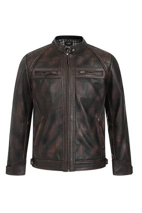 Men's Brown Real Leather Biker Jacket Slim Fit - 'LEE'