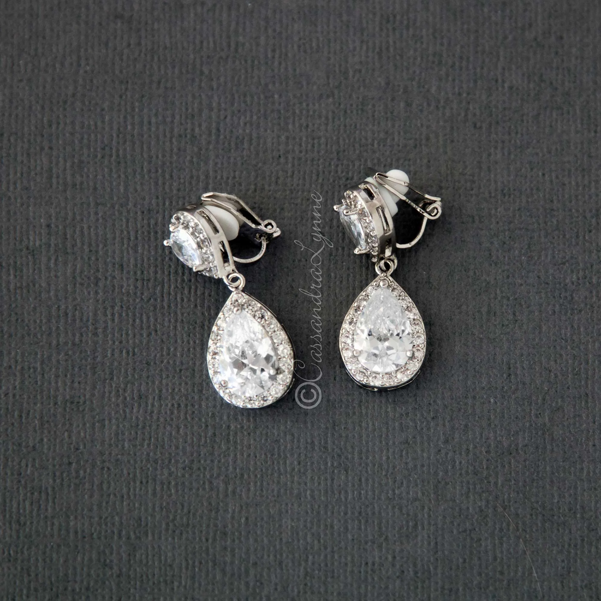 Pave Double Pear Clip-On CZ Earrings