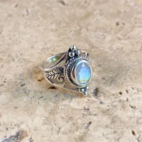 Rainbow Moonstone Engraved Filigree Ring - Amita