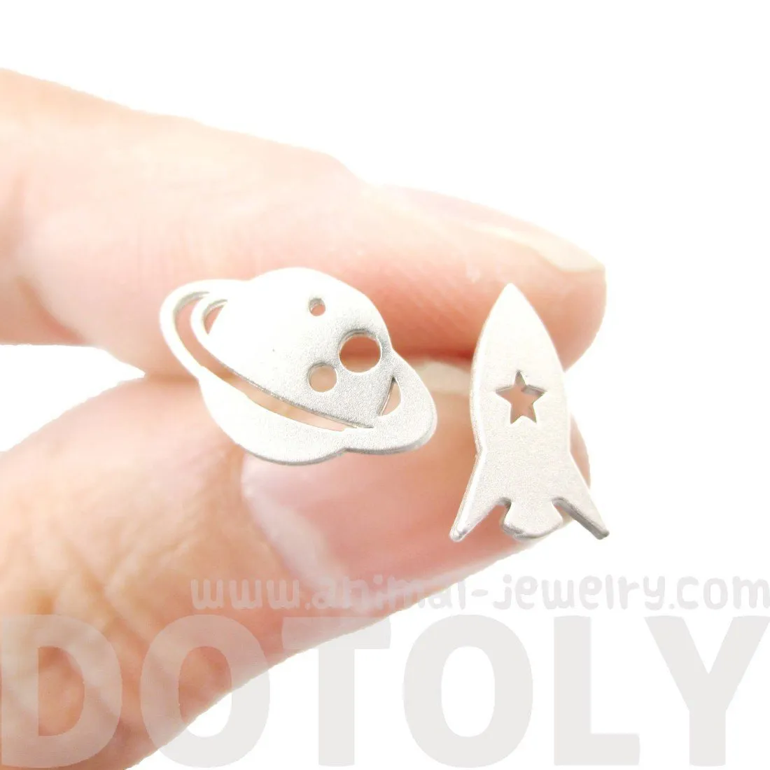 Saturn Rocket Silhouette Shaped Space Themed Stud Earrings in Silver | Allergy Free