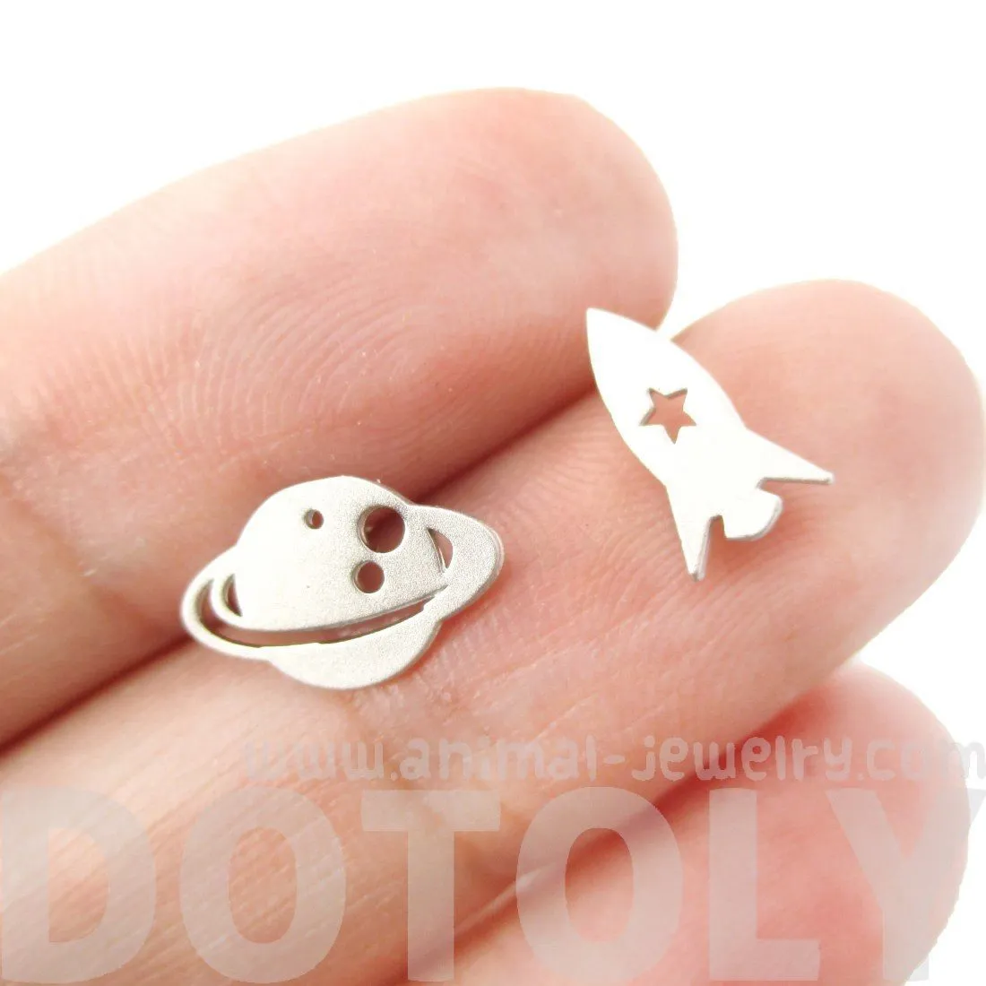 Saturn Rocket Silhouette Shaped Space Themed Stud Earrings in Silver | Allergy Free