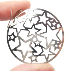 Star Outline Cut Out Round Disk Shaped Dangle Drop Earrings in Silver | DOTOLY