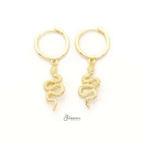 Sterling Silver Huggie Hoop Earrings with Dangle Snake - Gold