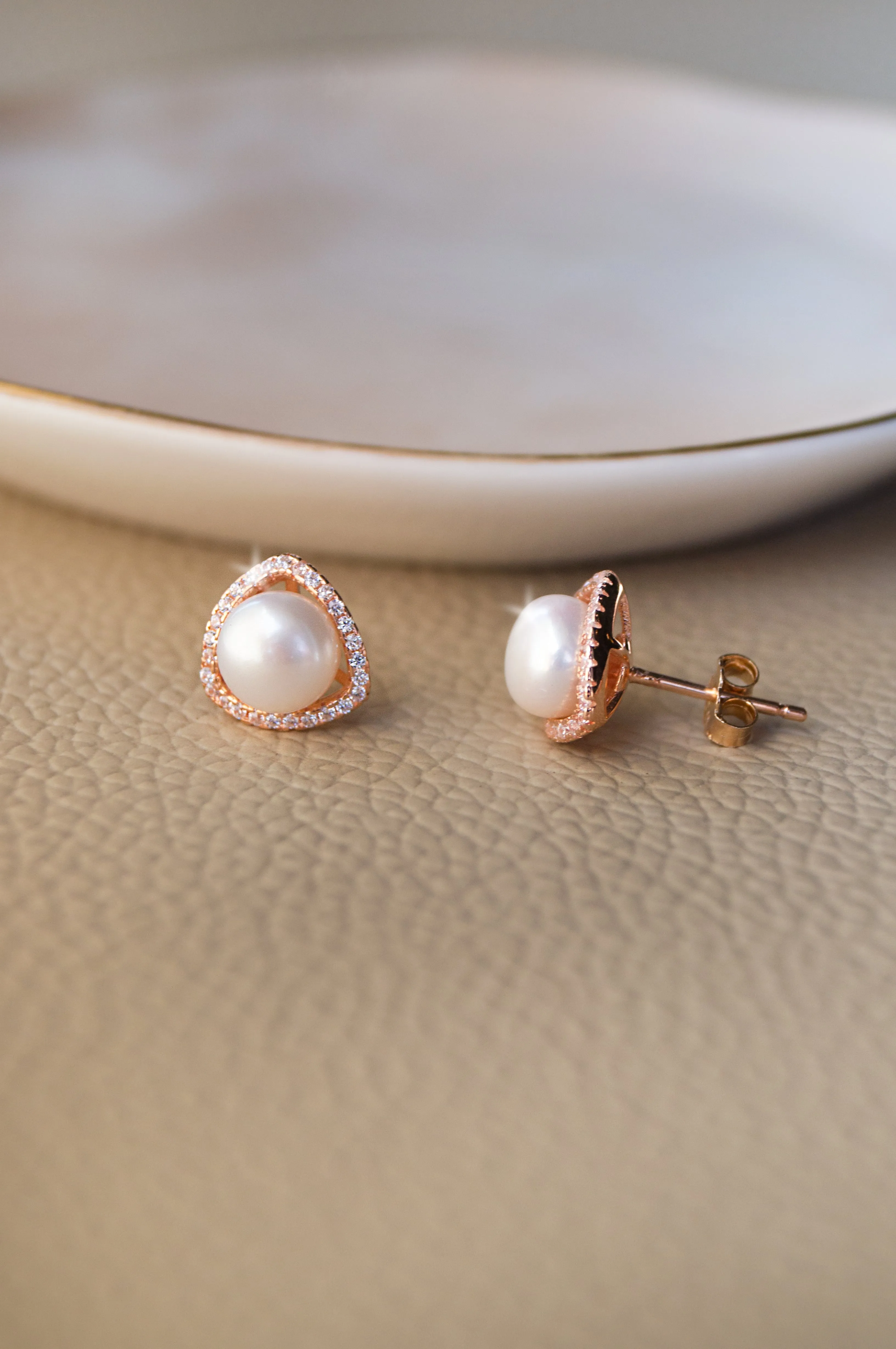 Triangular Pearl Rose Gold Plated Sterling Silver Stud Earrings