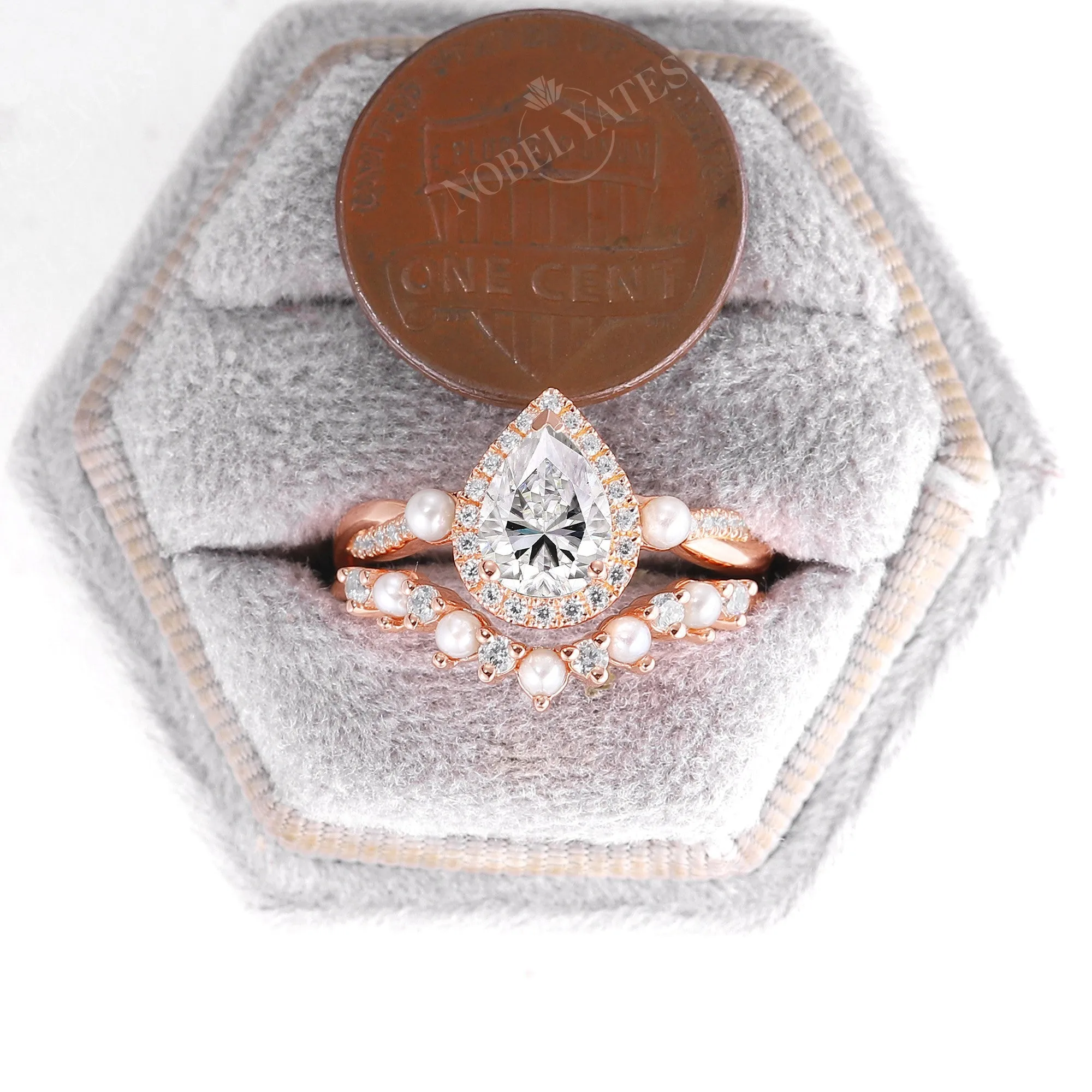 Twist Moissanite Rose Gold BrIdal Set Pearl Side Stone Band