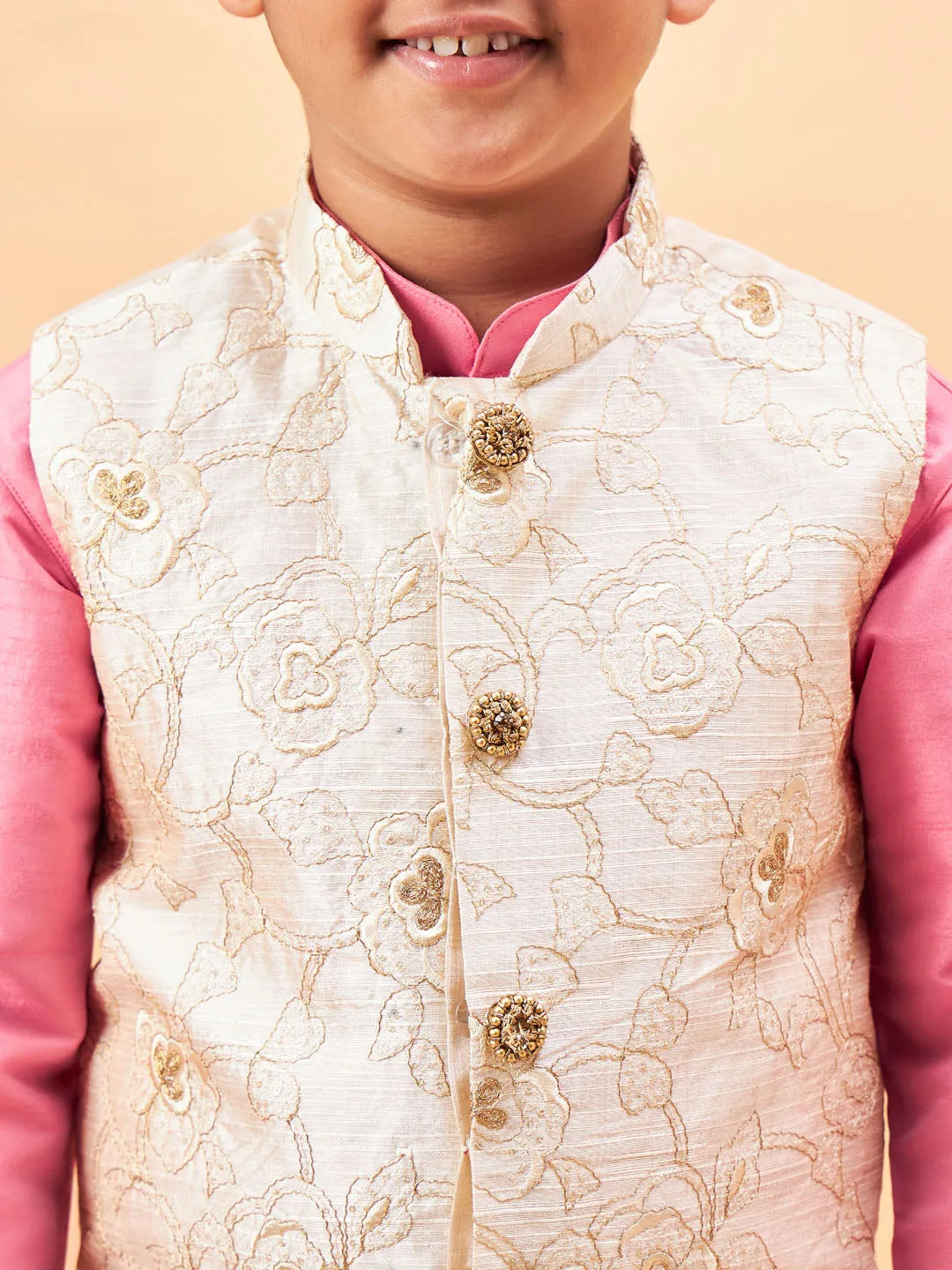 VASTRAMAY Boy's Beige Woven Nehru Jacket With Pink Kurta Pyjama Set