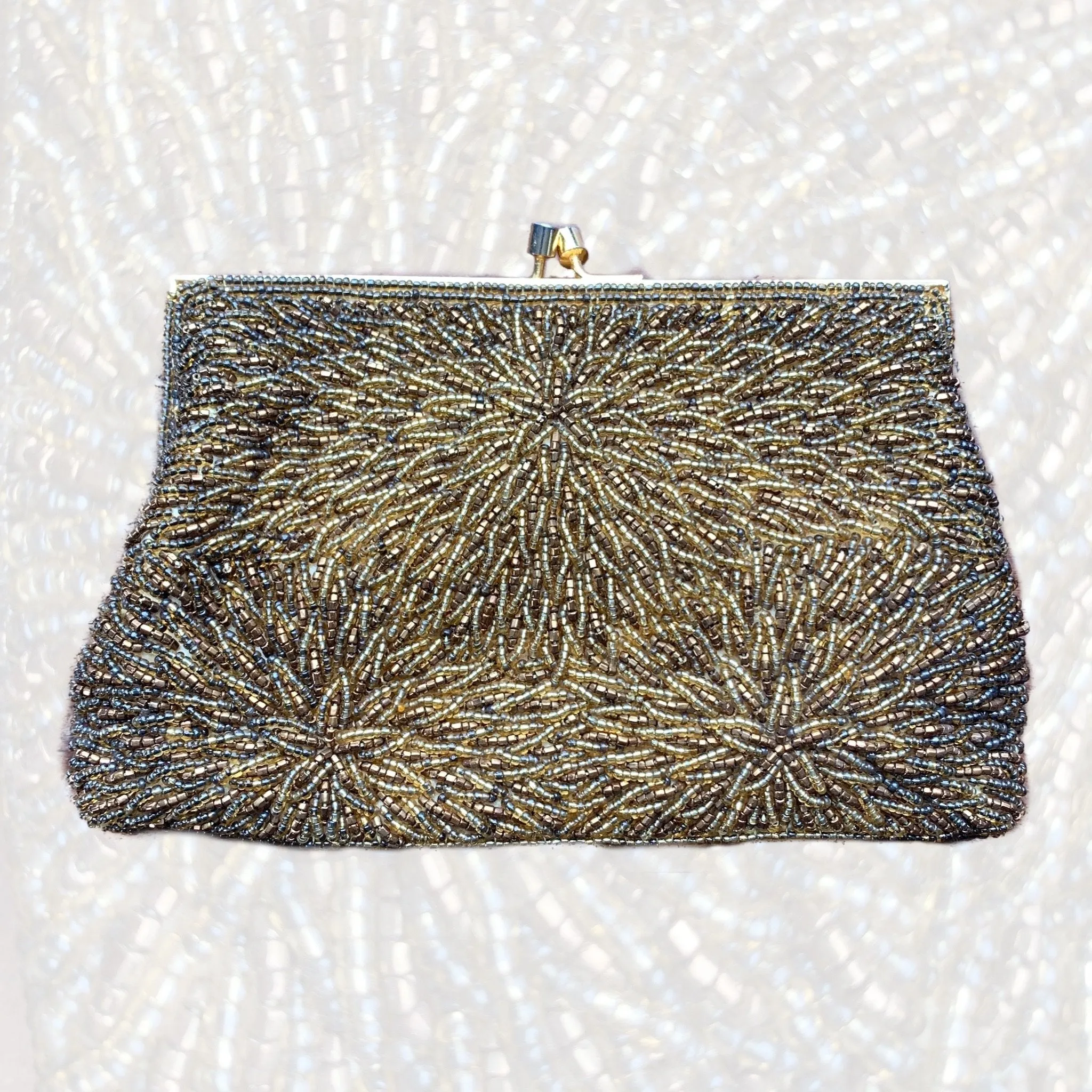 Vintage Copper Metallic Glass Beaded Clutch by Walborg. Old Hollywood Glamour Evening Bag.