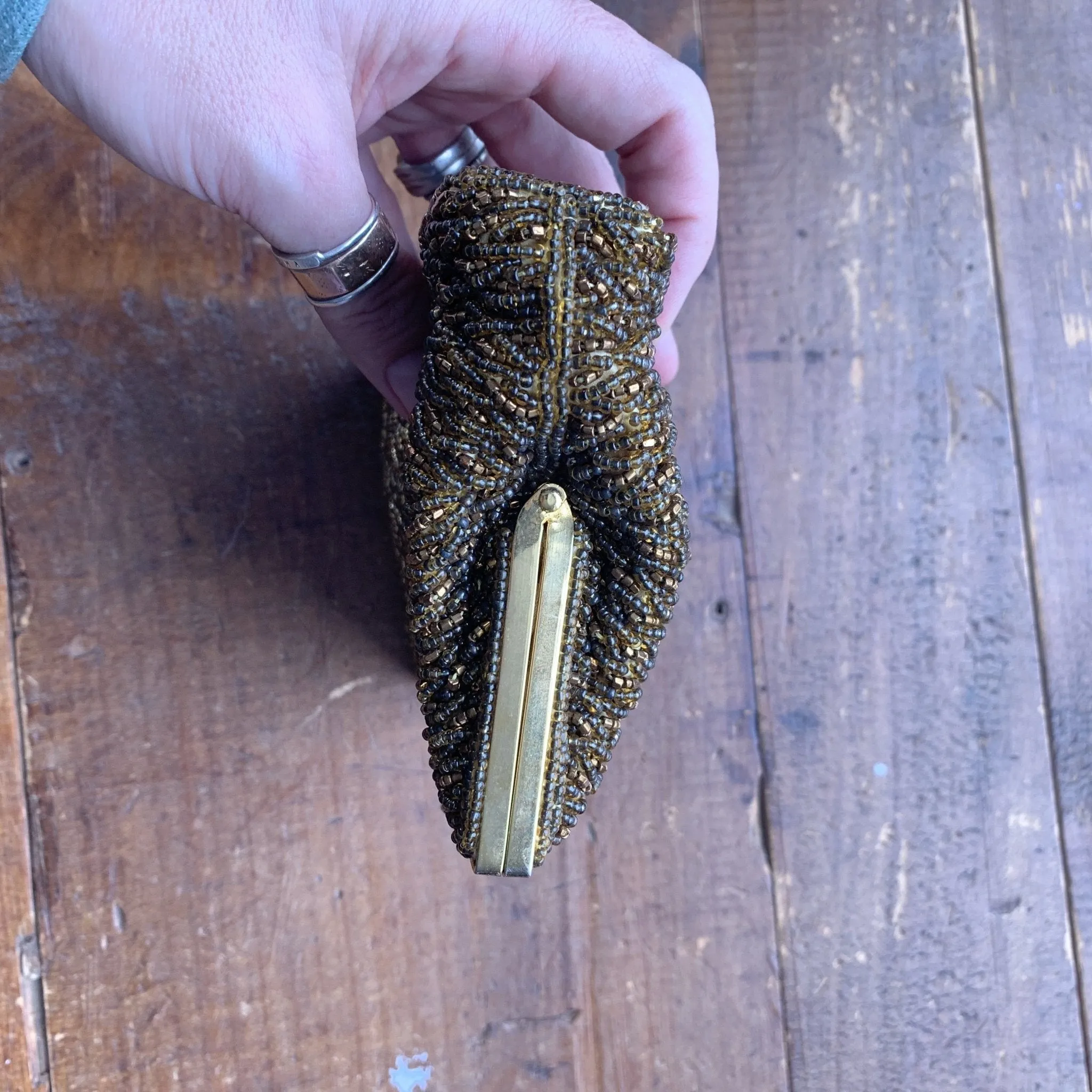 Vintage Copper Metallic Glass Beaded Clutch by Walborg. Old Hollywood Glamour Evening Bag.