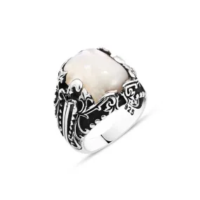 White Square Mother of Pearl Stone Silver Men's Ring with Sword Pattern