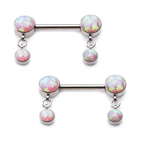 WildKlass Nipple Barbells with Forward Facing Bezel Set Synthetic Pink Opals Dangle